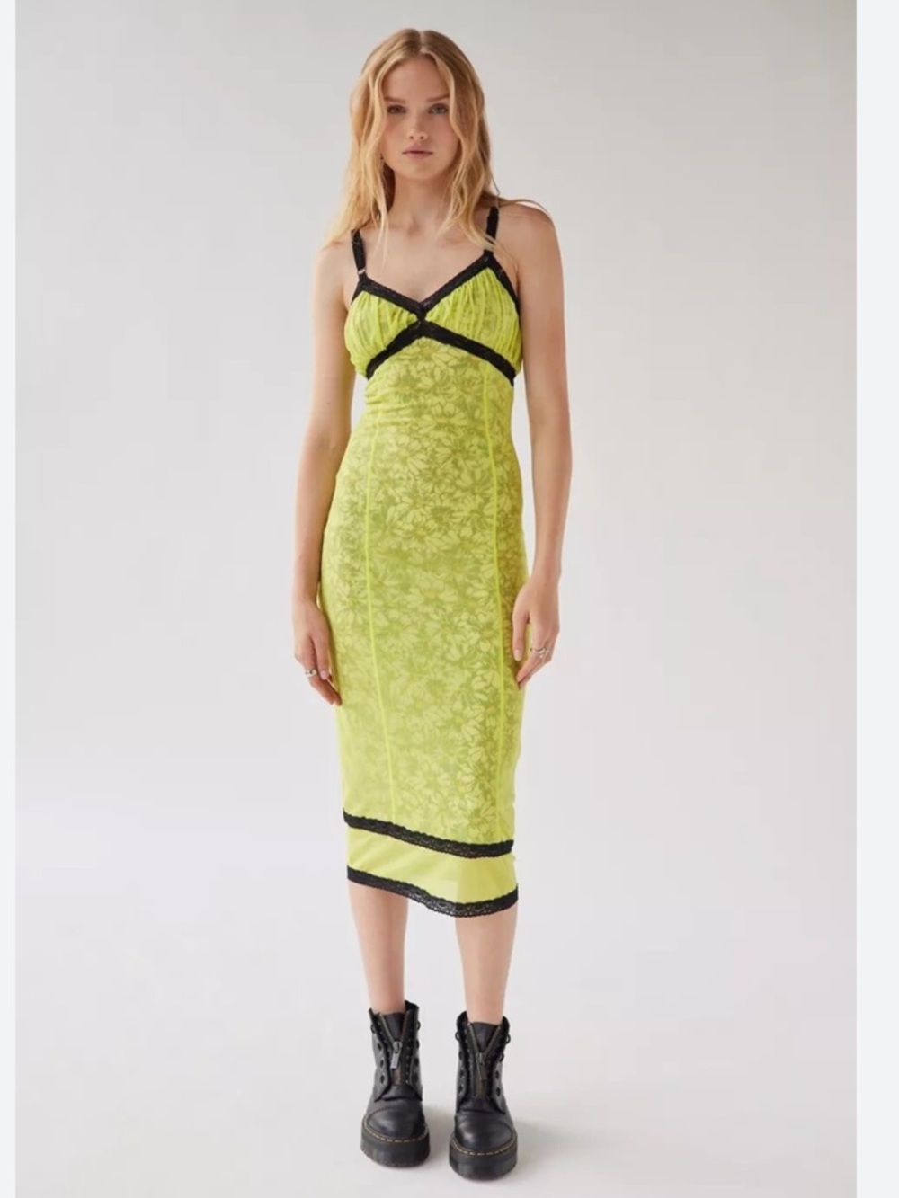 Urban Outfitters Olivia neon yellow black Mesh Lace-Trim Midi slip Dress